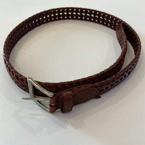 Fossil Genuine Leather Men's Braided Woven Brown Belt size 34 Brass Buckle - Picture 10 of 13